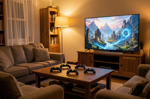 Salon chaleureux préparé pour une partie de jeu d’aventure fantasy en coopération, avec quatre manettes autour d’une table basse et un paysage médiéval magique affiché sur un téléviseur.
