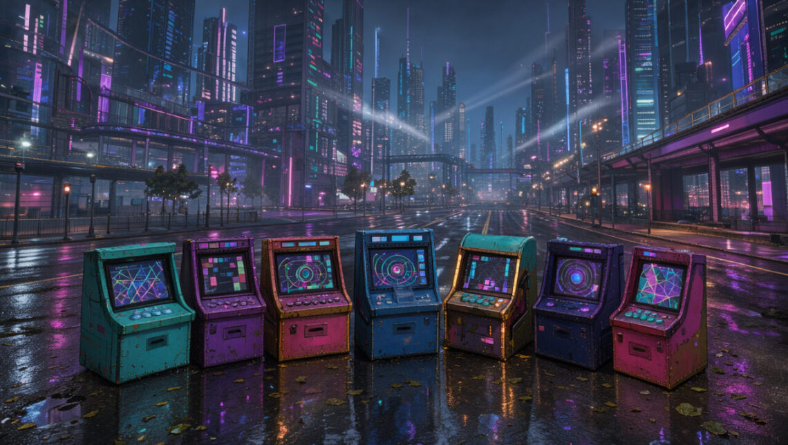 Illustration numérique premium d’un carrefour nocturne entre une grande ville futuriste et sept petites bornes d’arcade indépendantes lumineuses, avec des reflets colorés sur le sol mouillé.