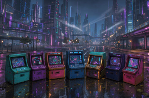 Illustration numérique premium d’un carrefour nocturne entre une grande ville futuriste et sept petites bornes d’arcade indépendantes lumineuses, avec des reflets colorés sur le sol mouillé.