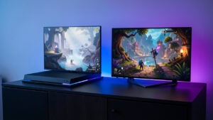 Deux consoles de jeu modernes posées sur un meuble gaming, avec un écran affichant un univers fantastique coloré en 4K et une interface visuelle sobre, dans une ambiance lumineuse bleue et violette.