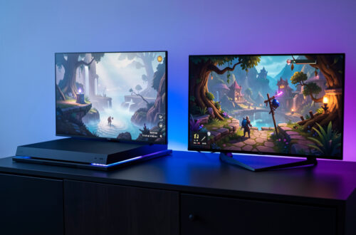 Deux consoles de jeu modernes posées sur un meuble gaming, avec un écran affichant un univers fantastique coloré en 4K et une interface visuelle sobre, dans une ambiance lumineuse bleue et violette.